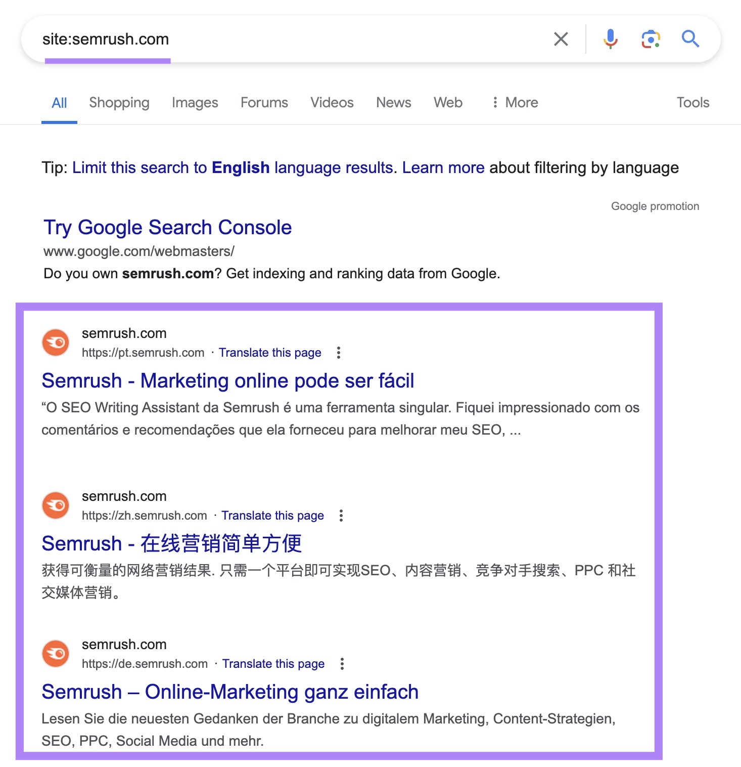 site search for "semrush.com" on Google with the indexed results highlighted