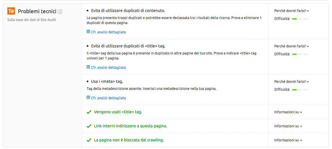 On Page SEO Checker: problemi tecnici rilevati collegando Site audit