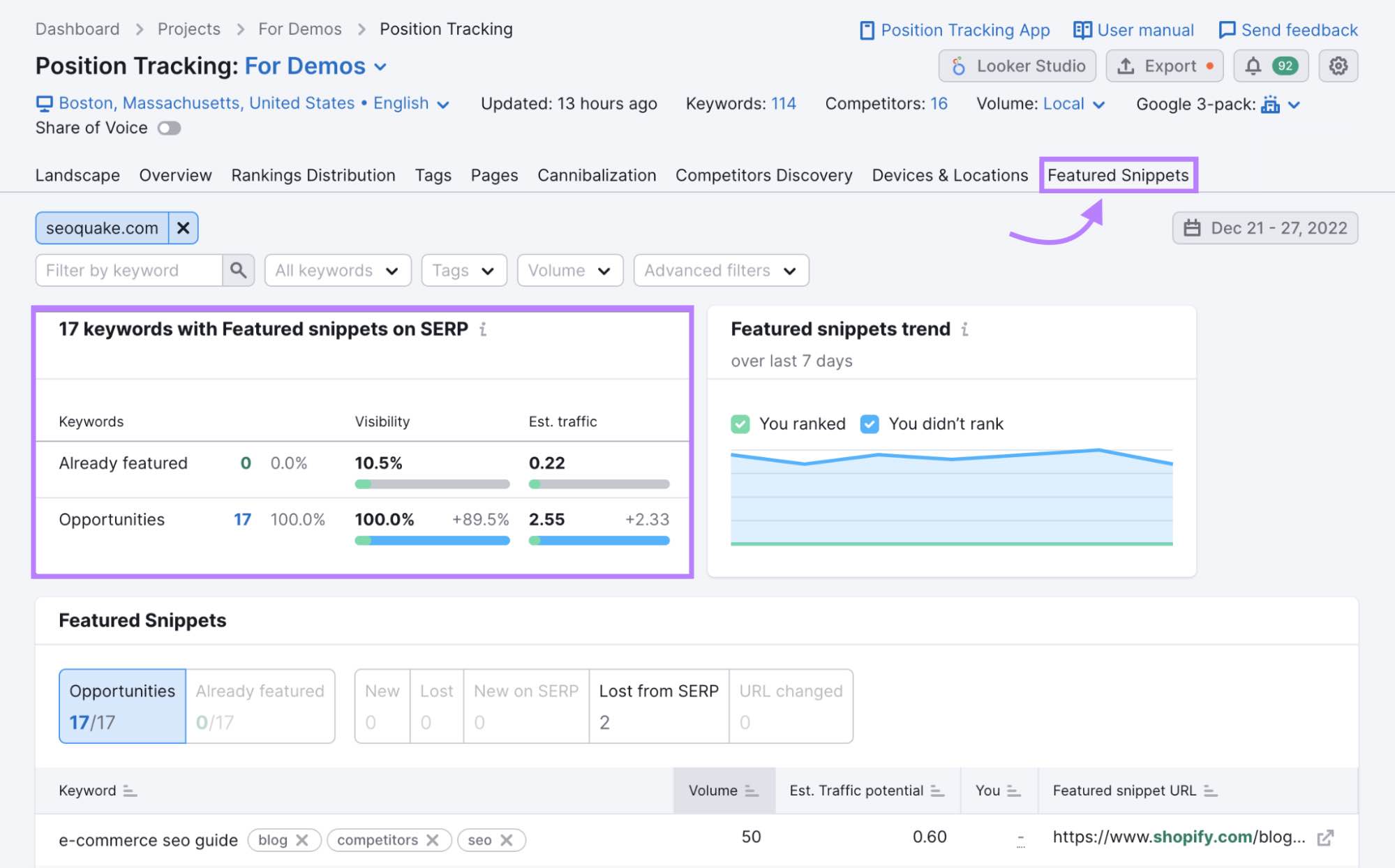 “Featured Snippets” tab in Position Tracking