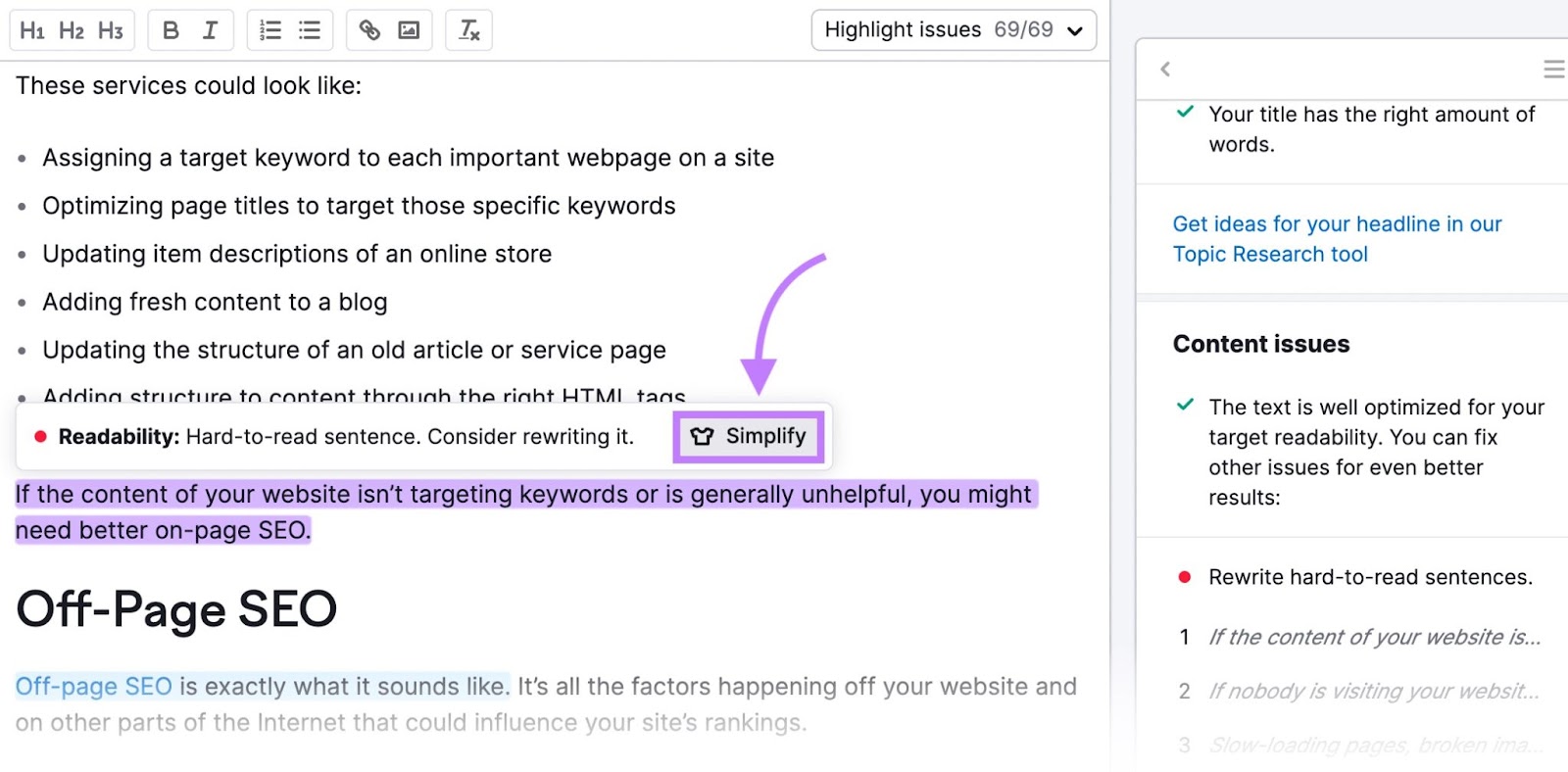 “Simplify" selected above the sentence in SEO Writing Assistant