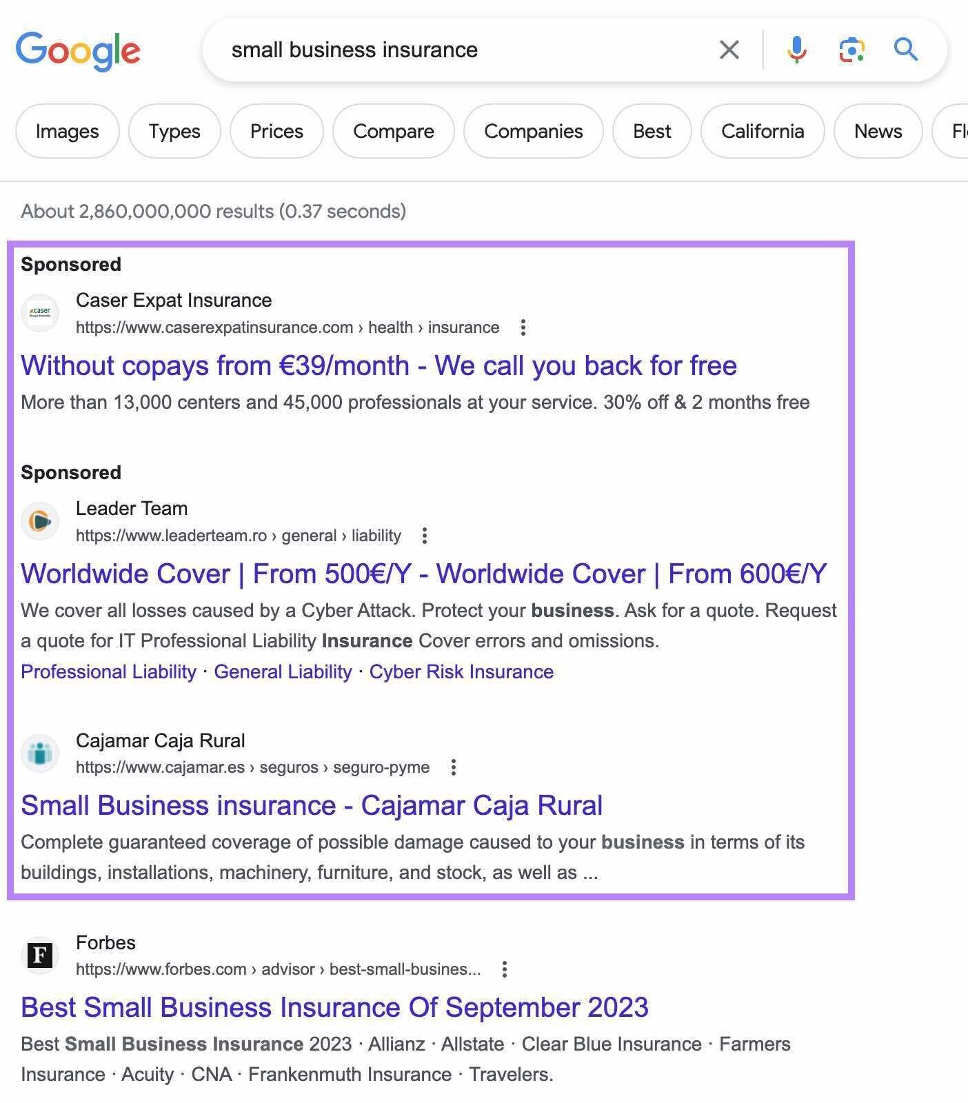 examples of paid search results on Google SERP labeled ‘Sponsored’