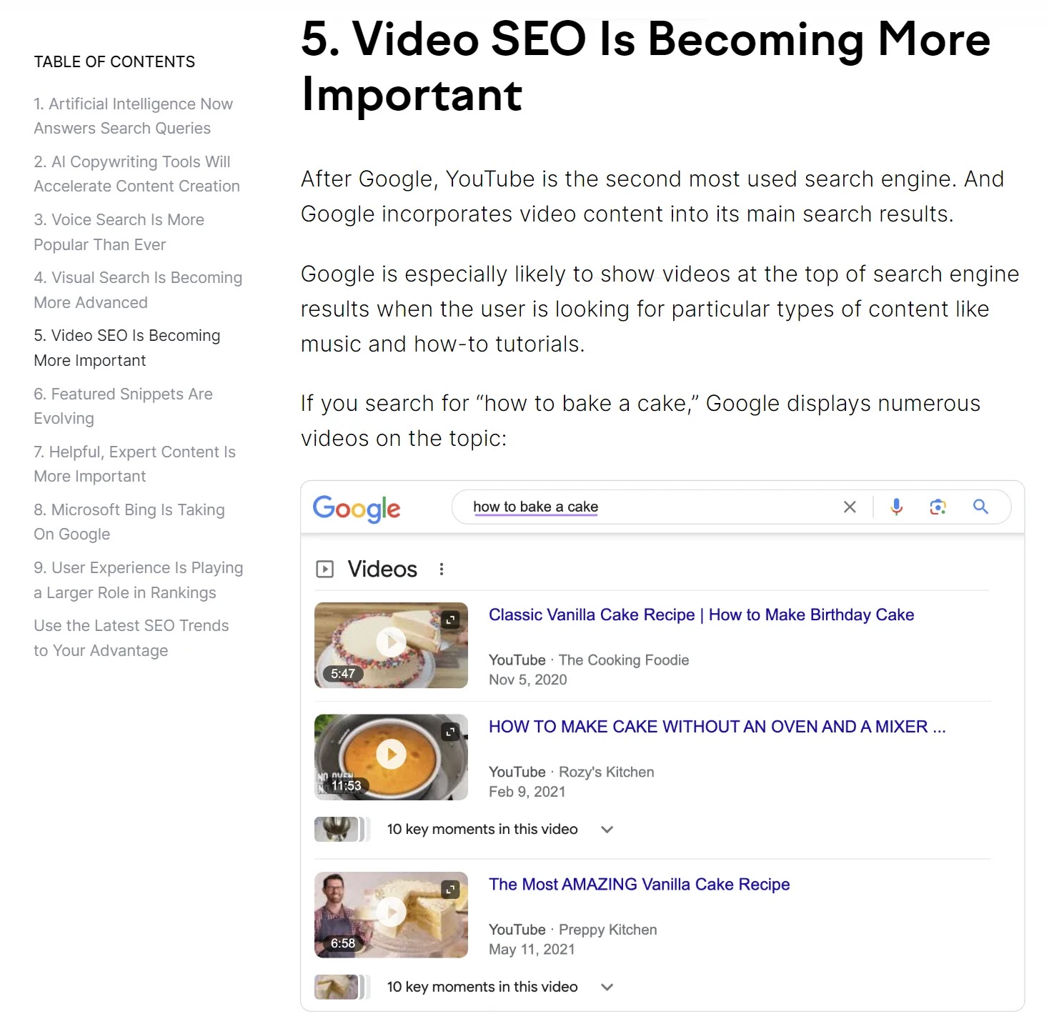 "Video SEO is becoming more important" section of Semrush's article on search engine optimization (SEO) trends