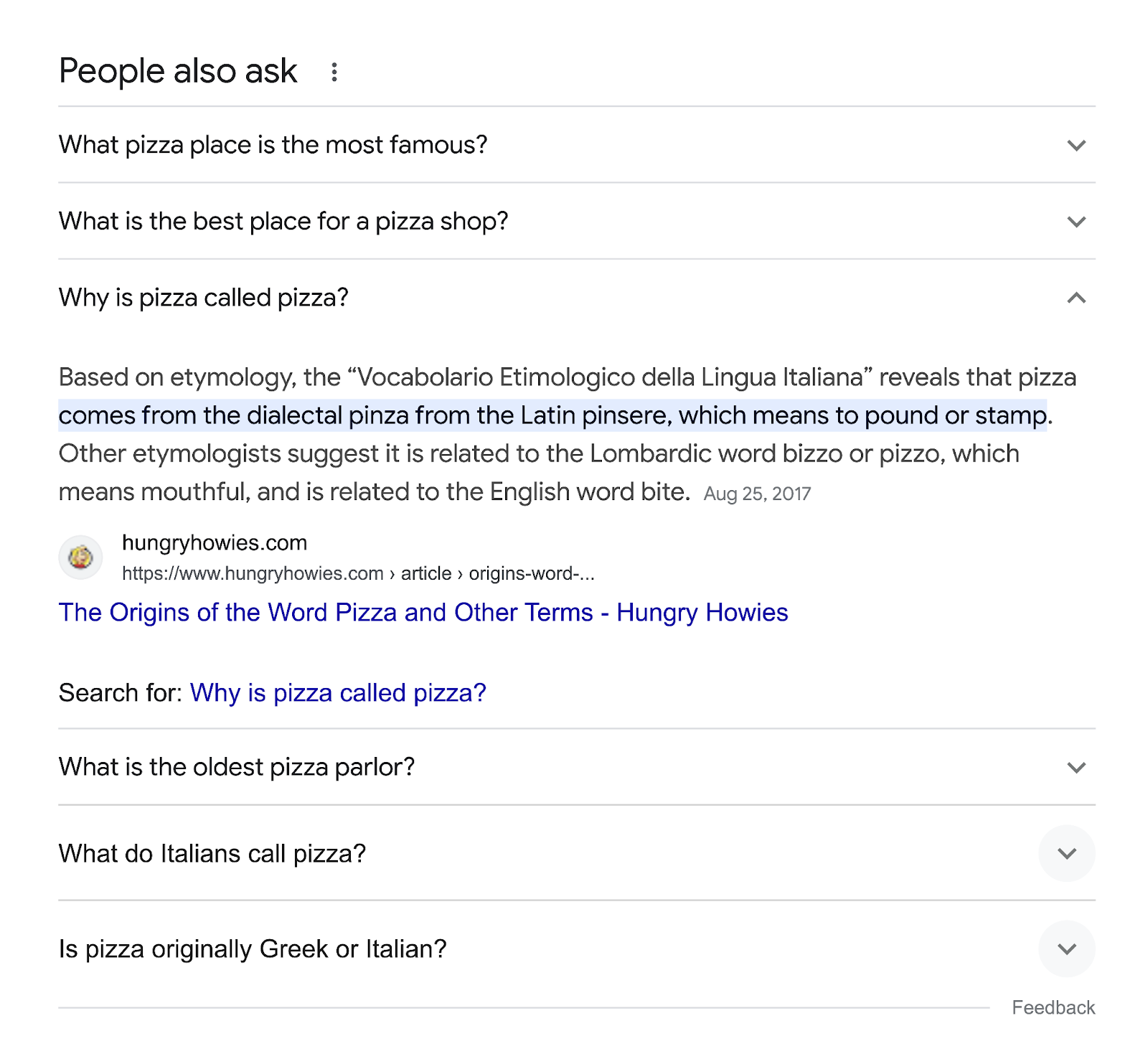 "People also ask" section with "Why is pizza called pizza" question opened