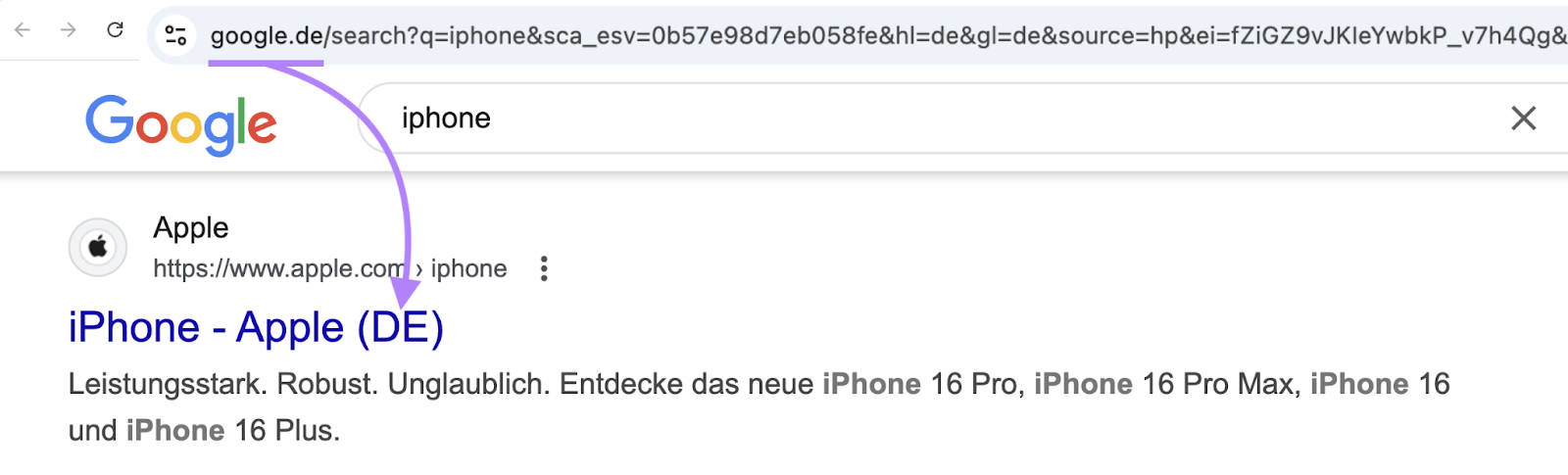 German version of Google shows German results in SERP for "iphone."