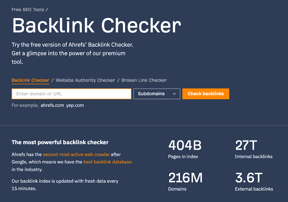 Ahrefs Backlink Checker landing page