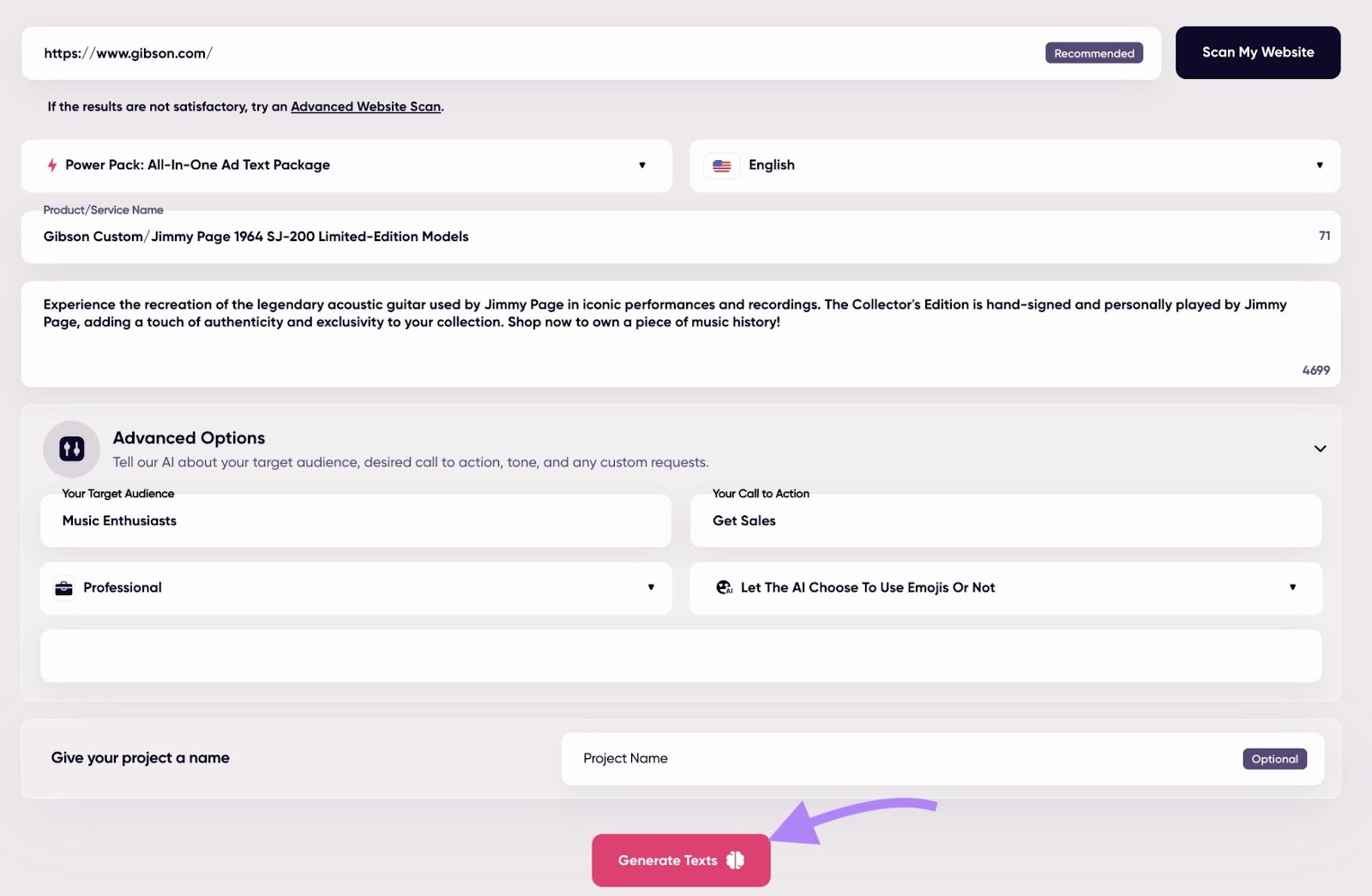 Website, ،uct, and audience settings configured on AdCreative.ai to generate text ads.