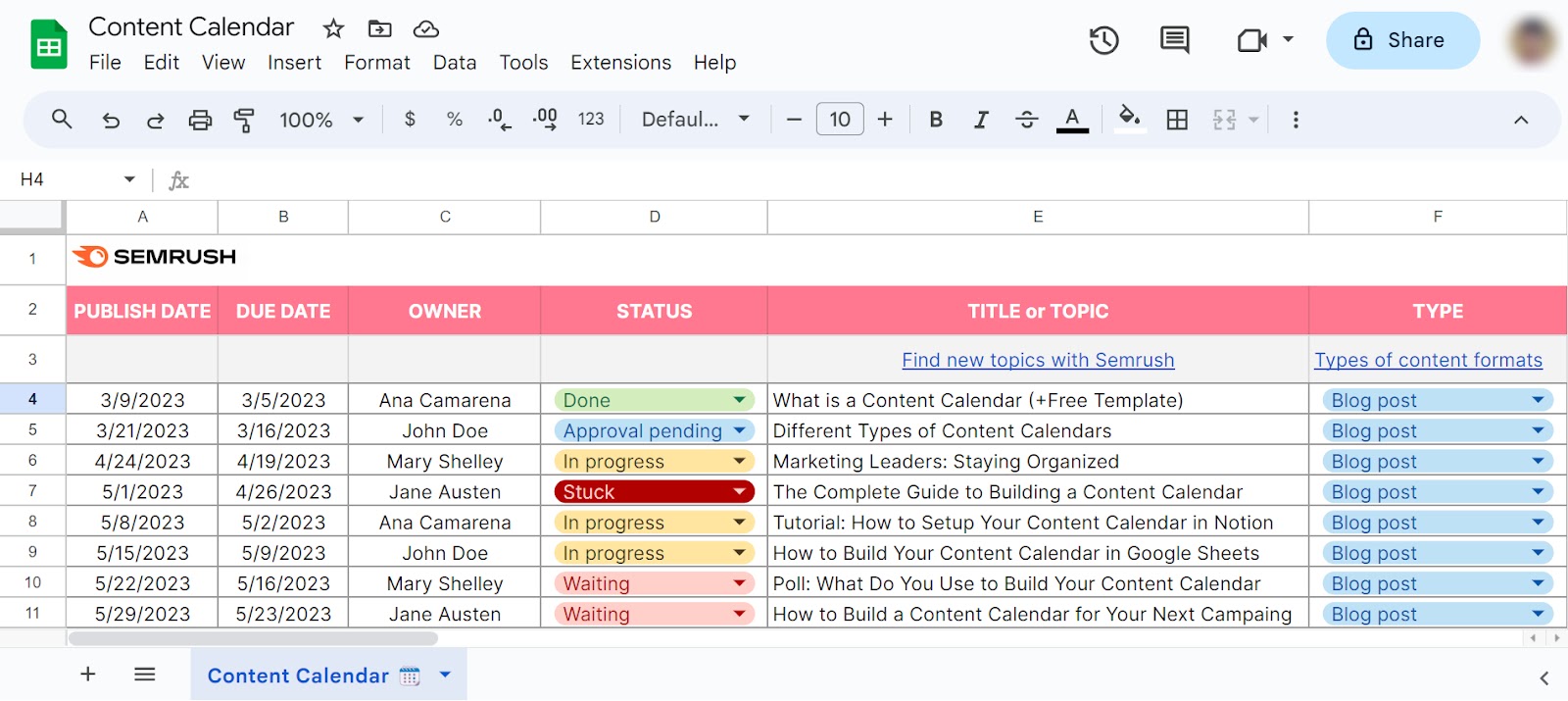 Content calendar template showing publish ****, due ****, owner, status, title/topic, and type.