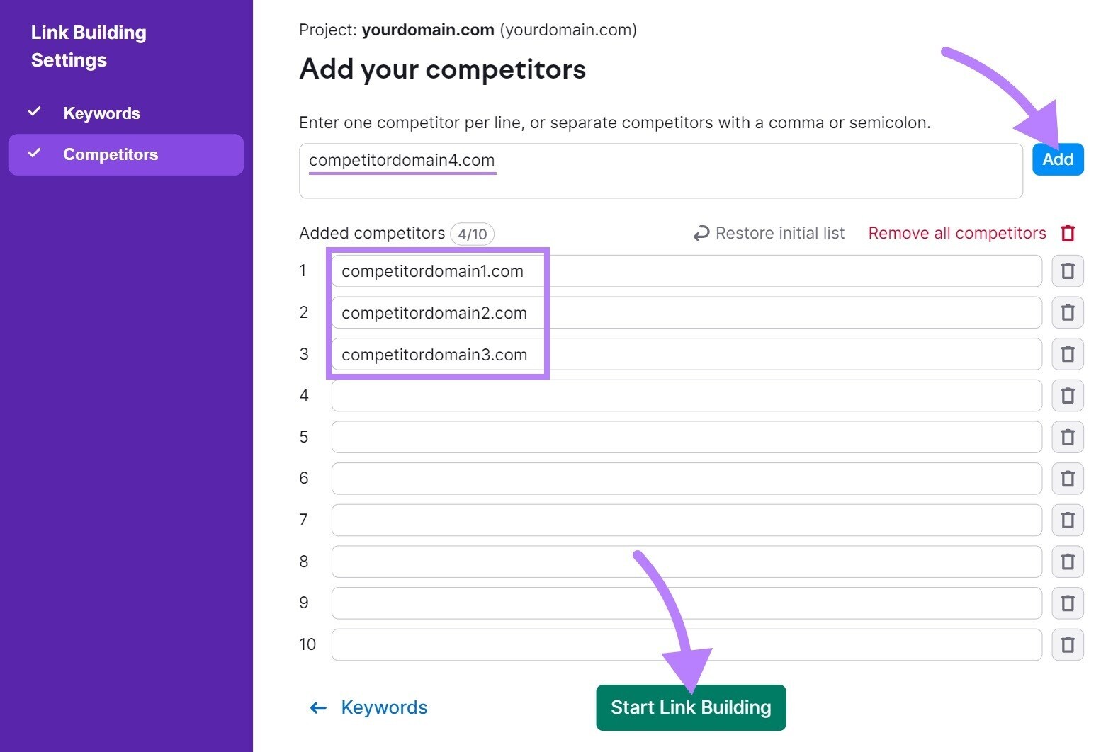 "Add your competitors" popup window in Link Building Tool