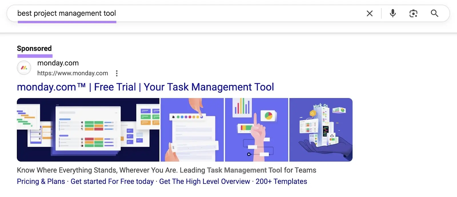 Sponsored ad for 'best project management tool' search.