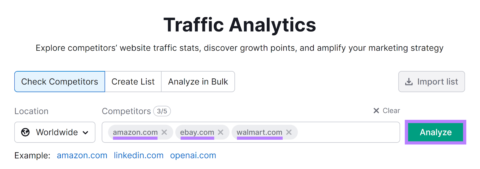 Semrush Traffic Analytics tool start with competitor domains entered and 'Analyze' button highlighted