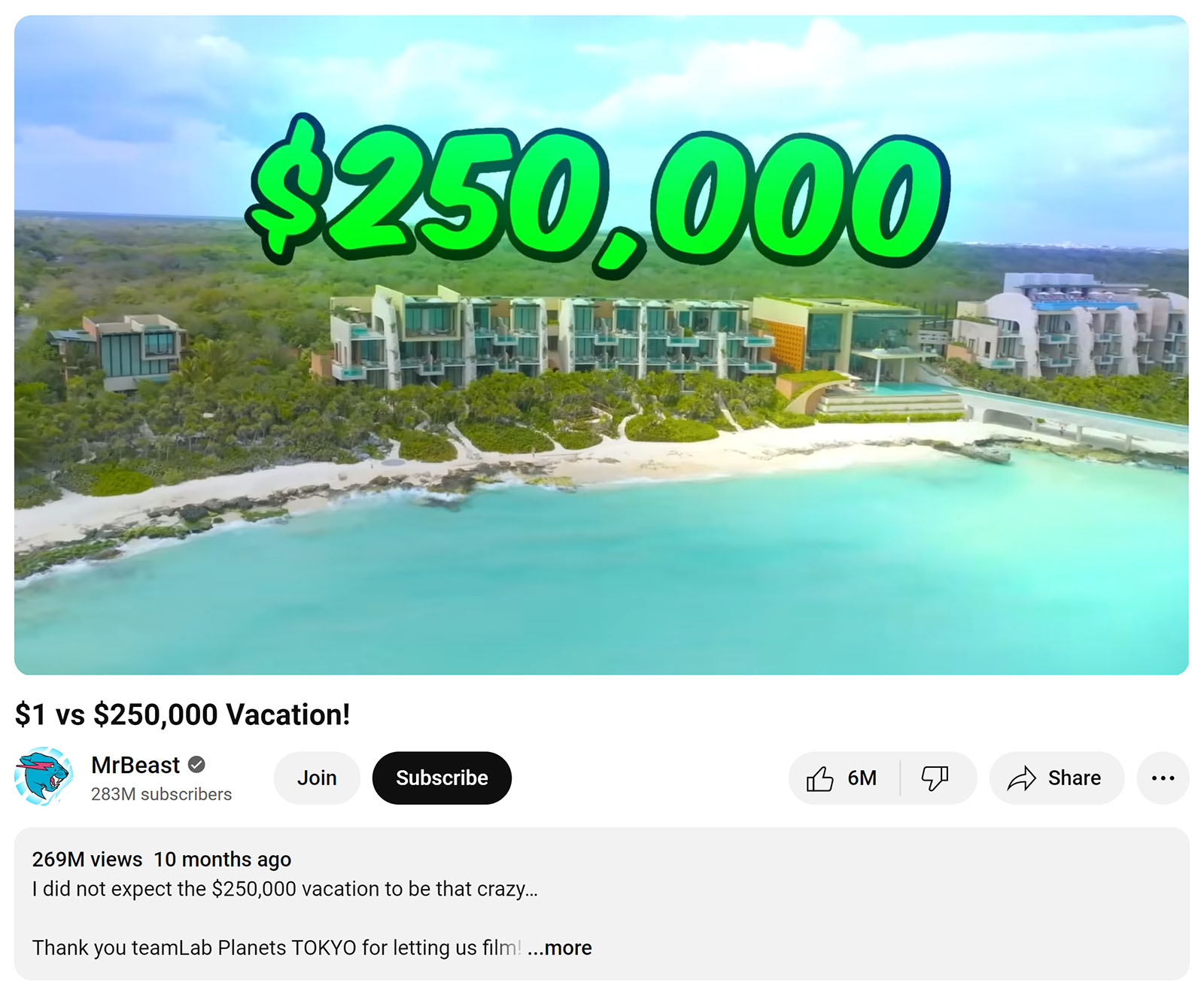 MrBeast '$1 vs $250,000 Vacation' video/