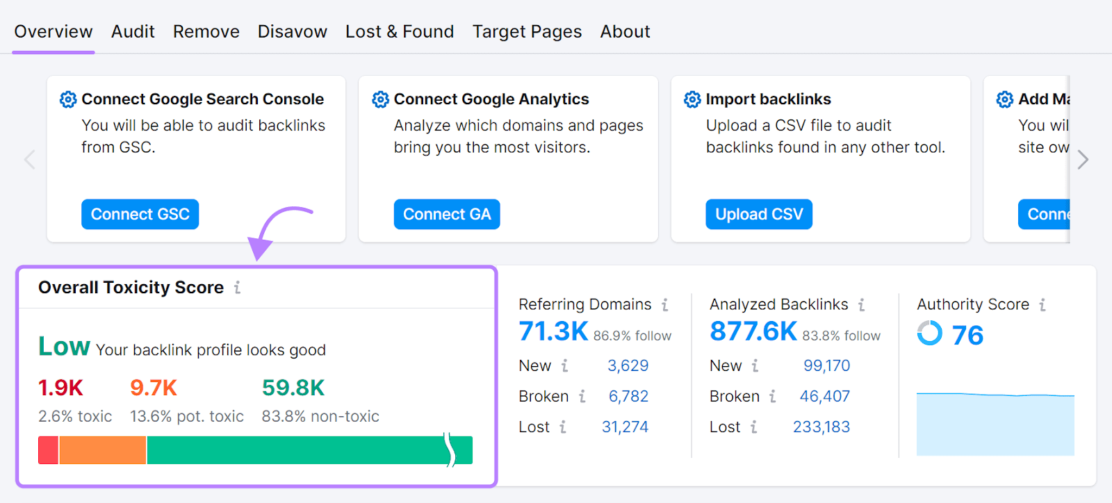 overall toxicity score metric shown in Backlink Audit's overview report