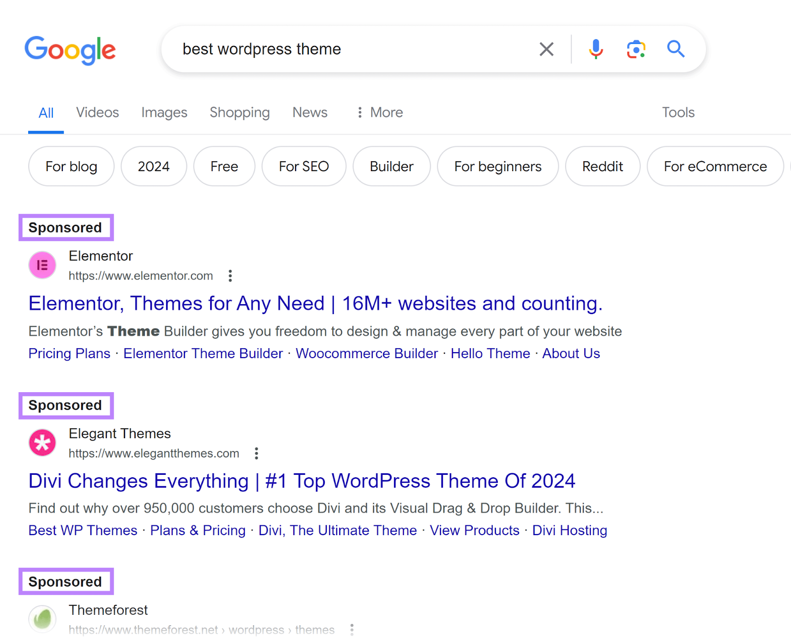 Sponsored search results on Google