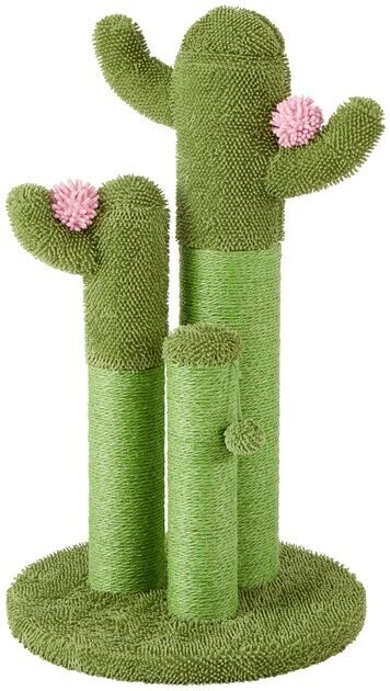 cactus-shaped cat scratching post with pink flowers