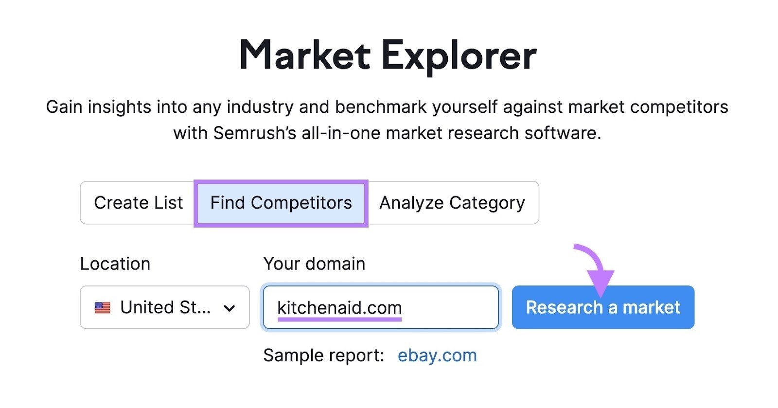 use “Find Competitors” option in Market Explorer tool to find your SEO competitors