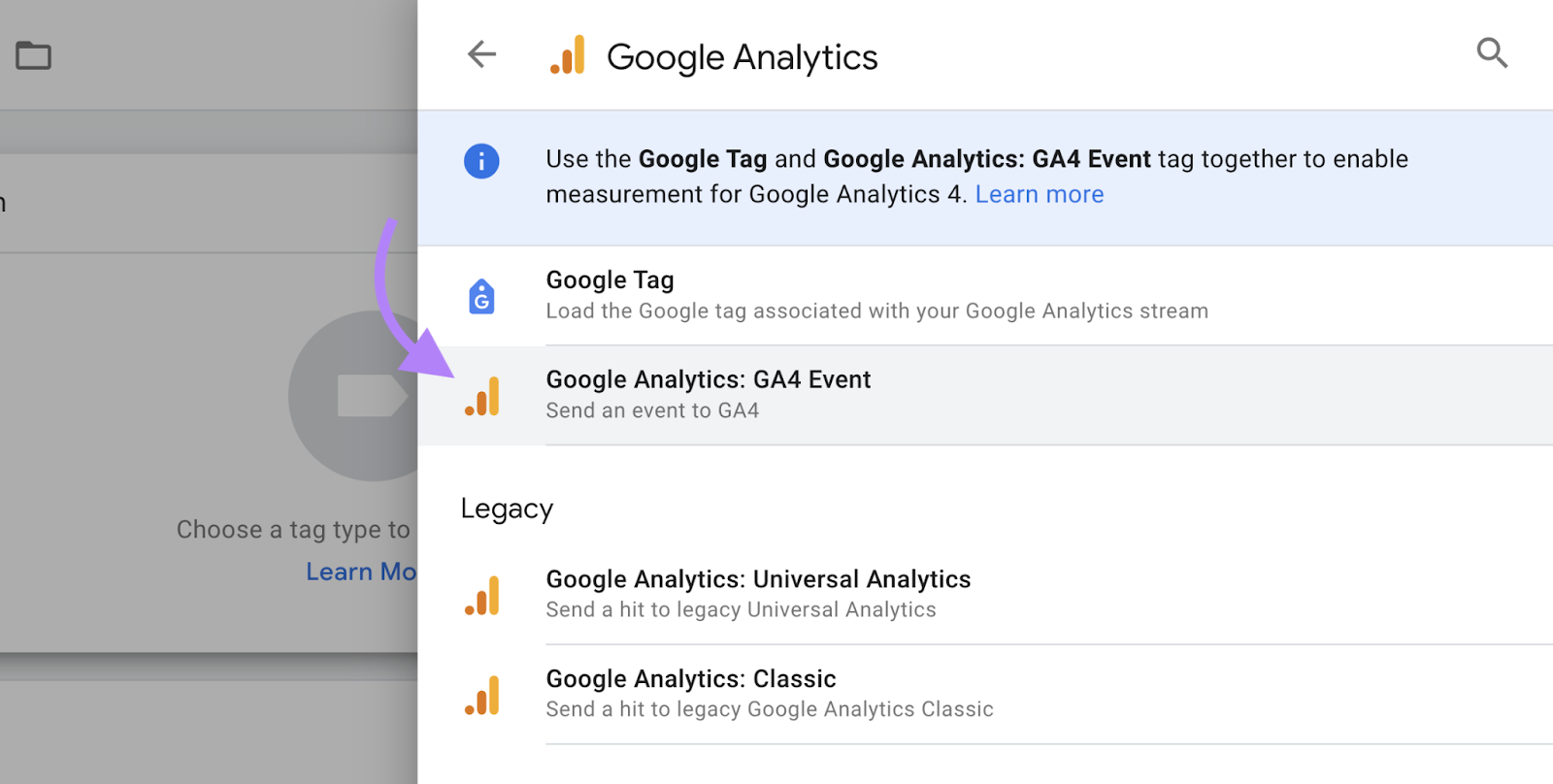 “Google Analytics: GA4 Event" selected under "Google Analytics" menu