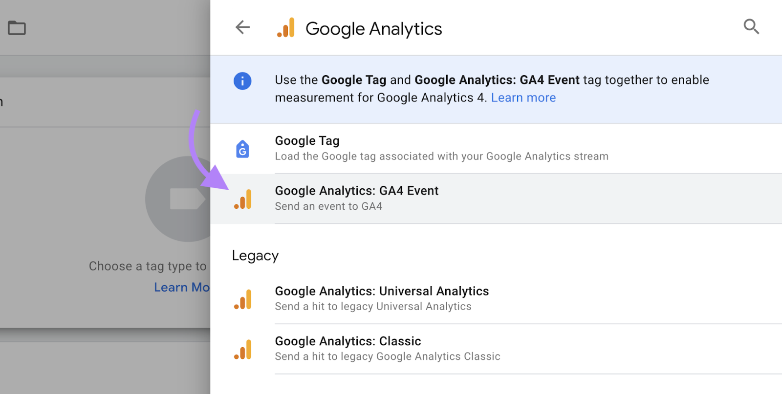 "Google Analytics: Evento GA4" selecionado no menu "Google Analytics"