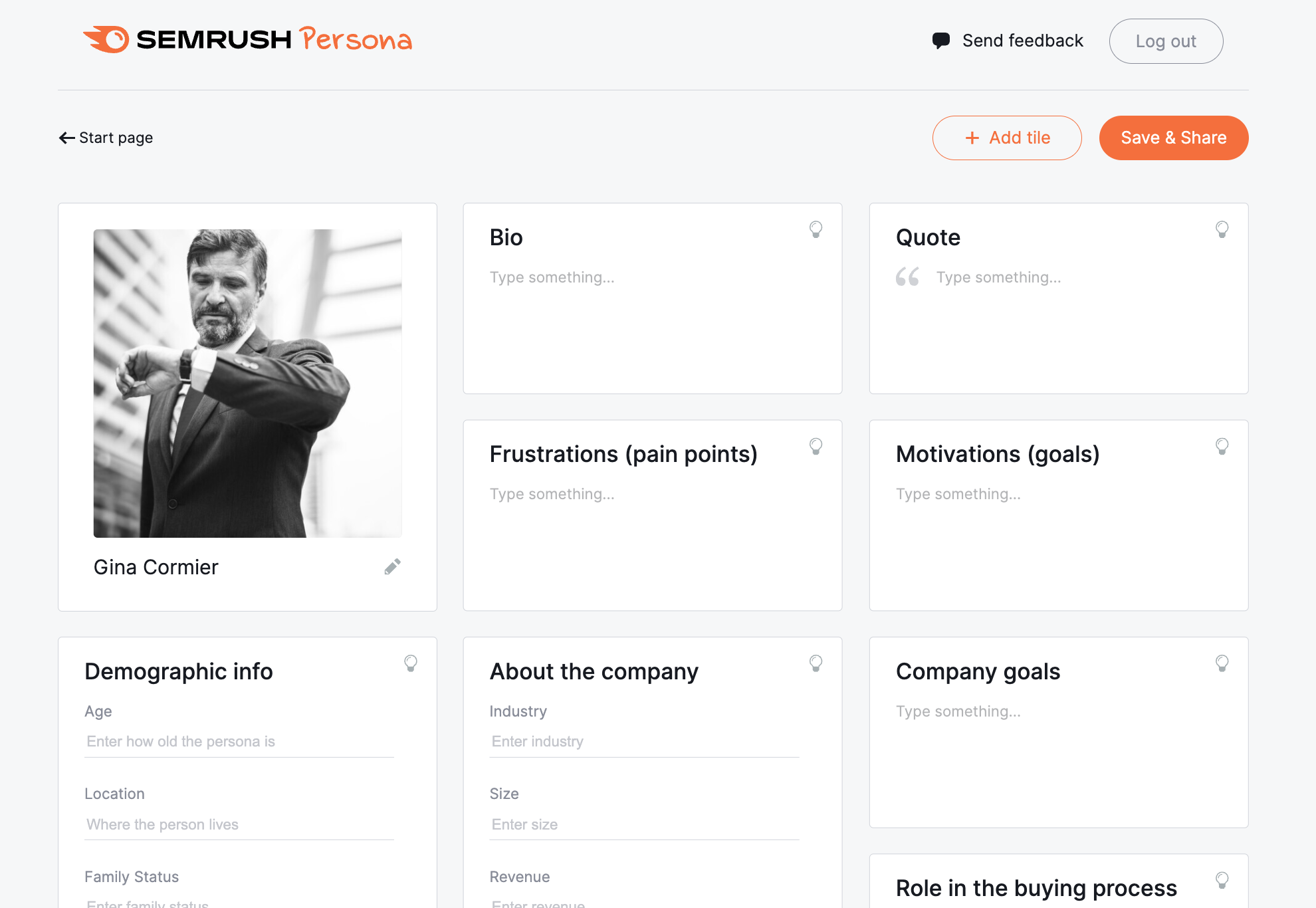 Image of the Semrush buyer persona tool showing a buyer persona’s demographic info, bio, pain points, goals, and motivations in one place. 