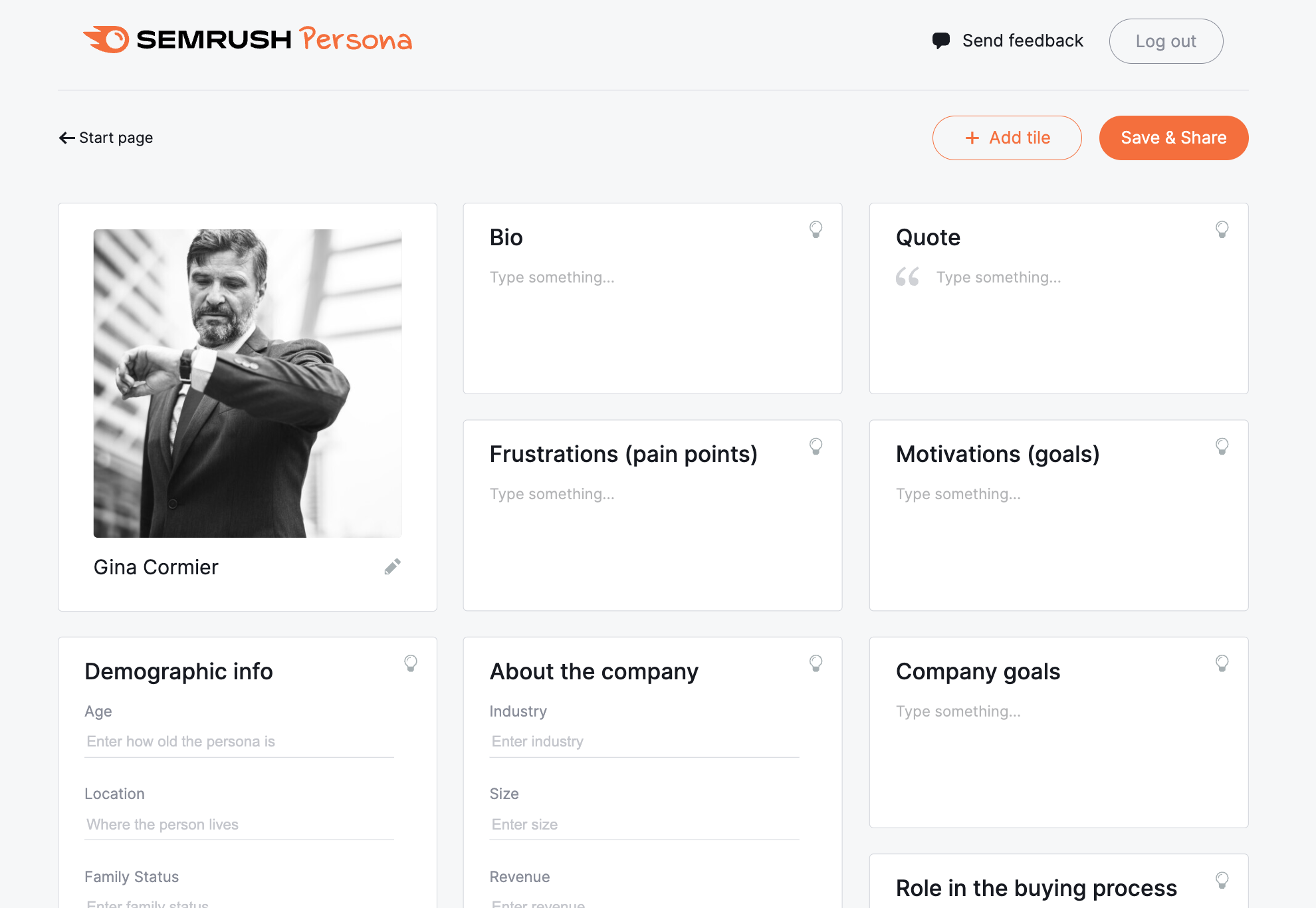 Image of the Semrush buyer persona tool showing a buyer persona’s demographic info, bio, pain points, goals, and motivations in one place.