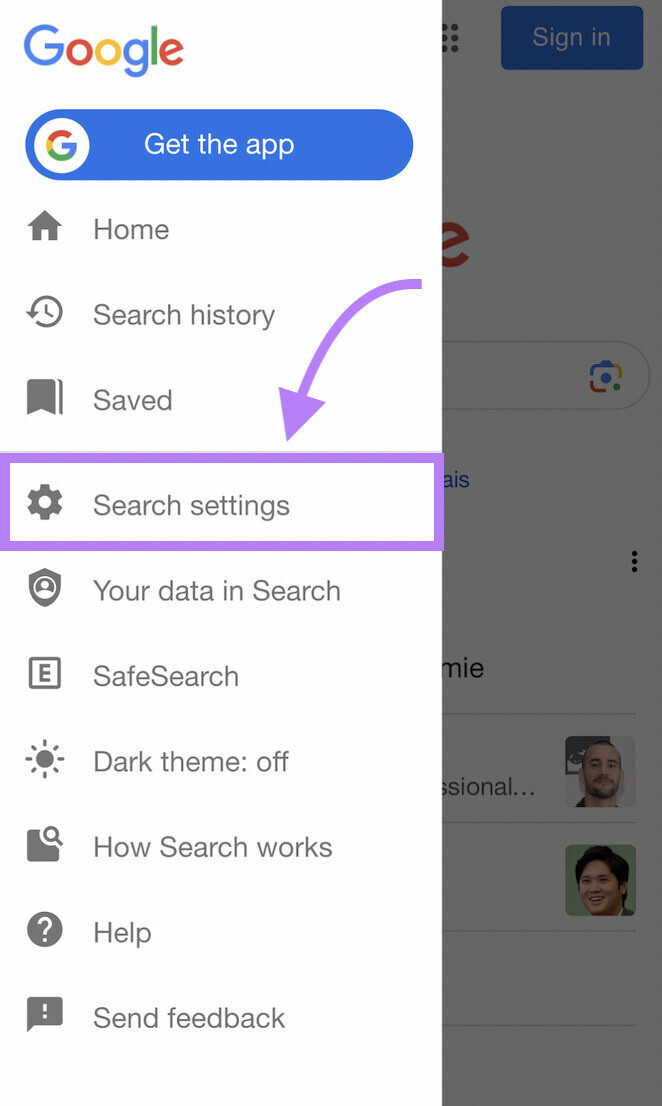 Google “Search settings” button highlighted in purple