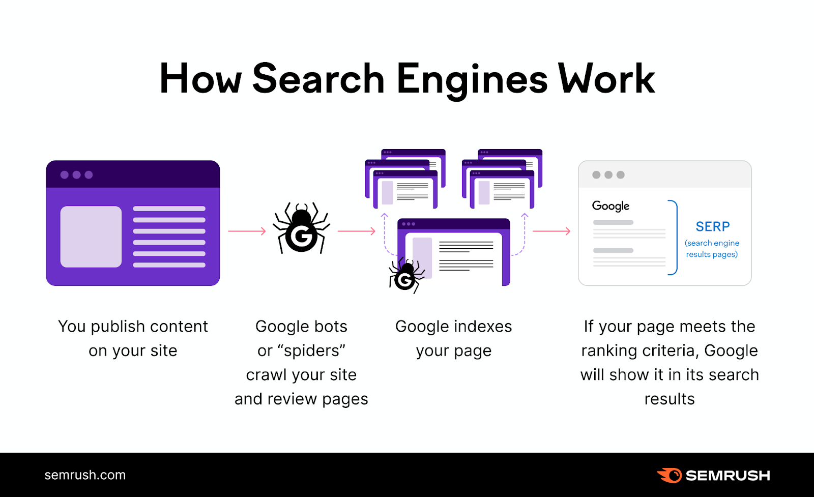 You publish content, bots crawl your site, Google indexes pages, then if your page meets ranking criteria, Google shows it in search results.