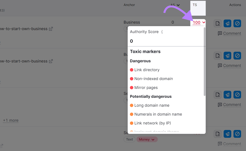 A drop-down menu showing domain's toxic markers in Backlink Audit tool
