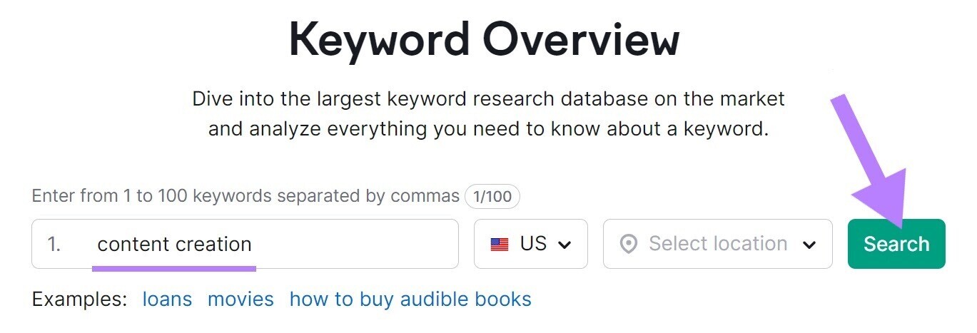 Keyword Overview search bar with "content creation" keyword and "search" button highlighted