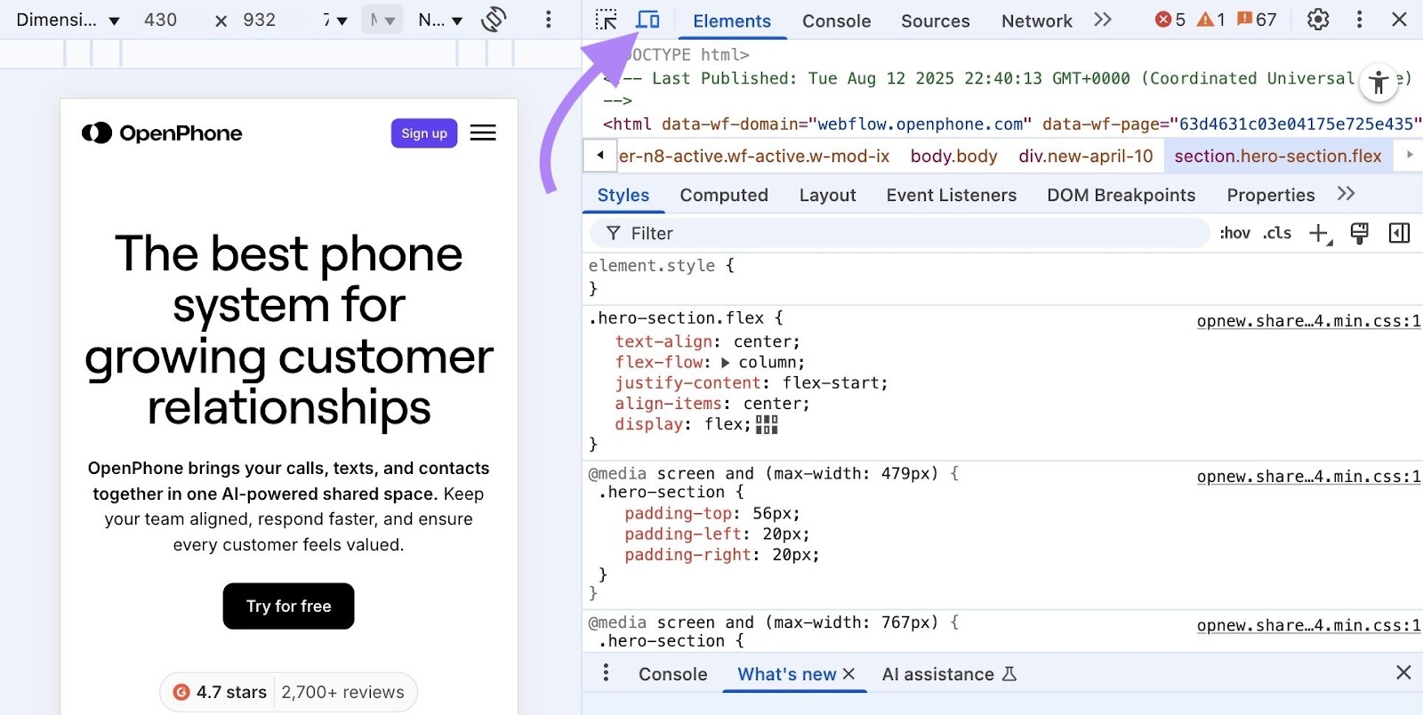The mobile device icon clicked in the top bar of the Chrome developer tools panel.