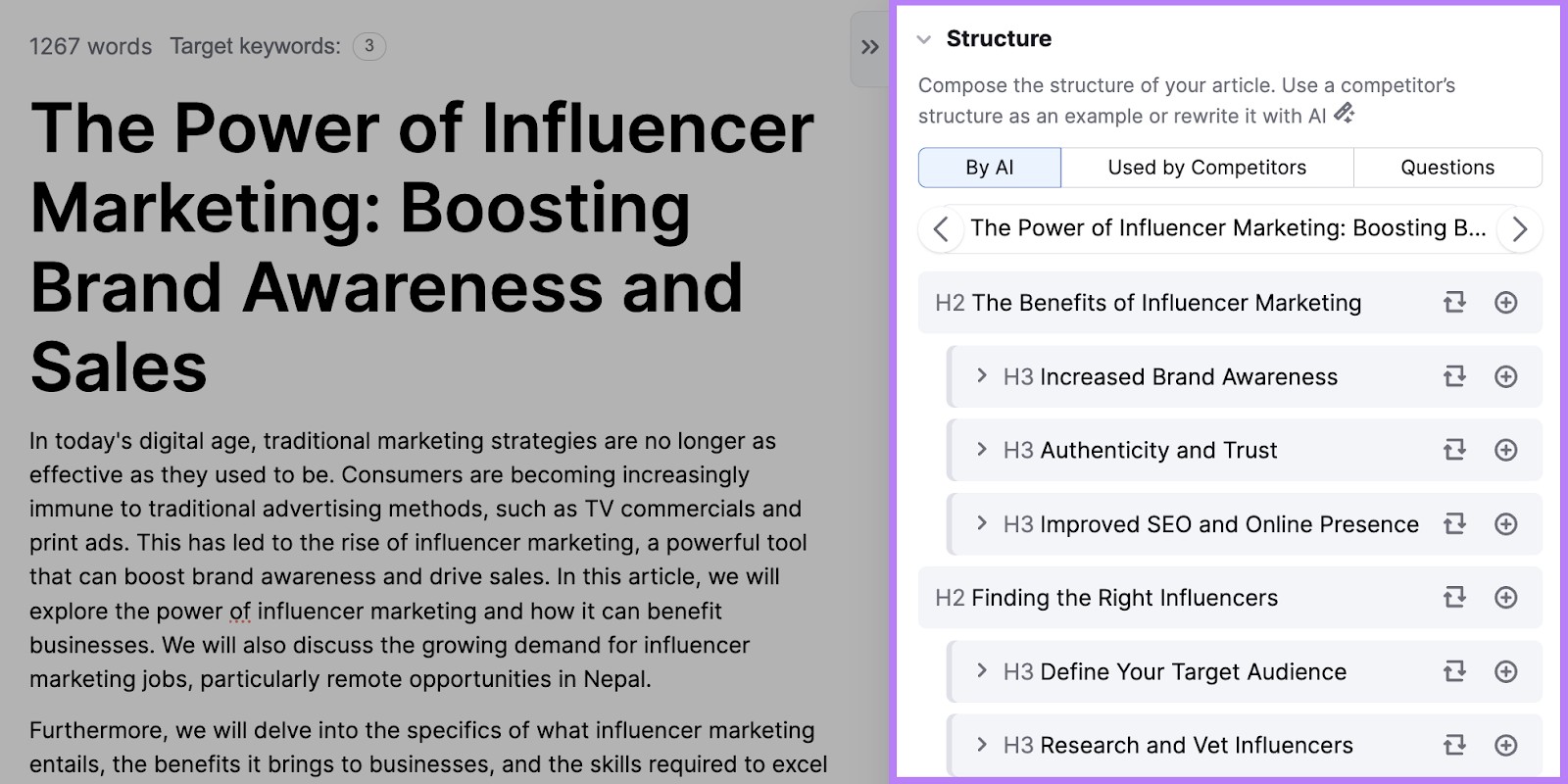 ContentShake outline for "influencer marketing" including suggested "Structure"