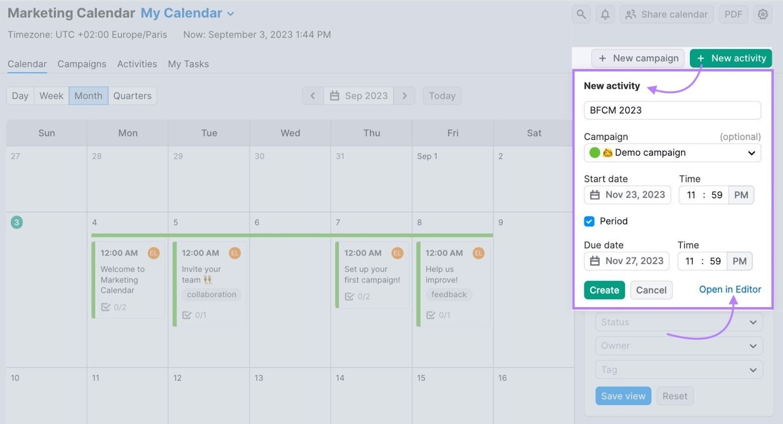 "New activity" pop-up window in Marketing Calendar