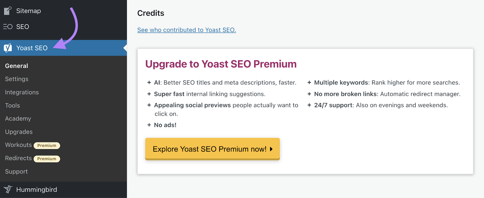 Yoast SEO plugin menu in WordPress