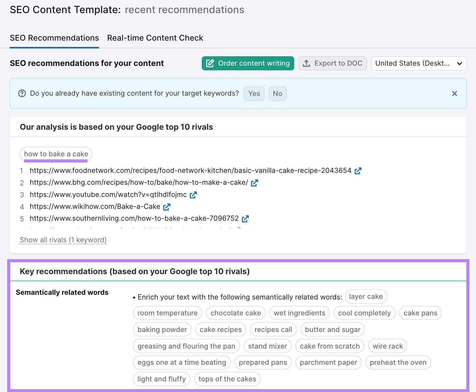 SEO Content Template tool provides you with key recommendations (based on your Google top 10 rivals)