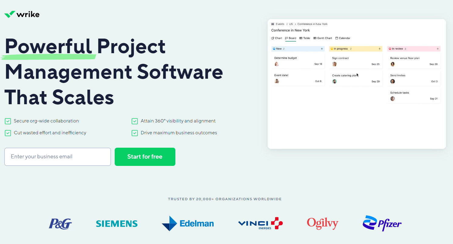 Wrike's landing page with "Start for free" call-to-action