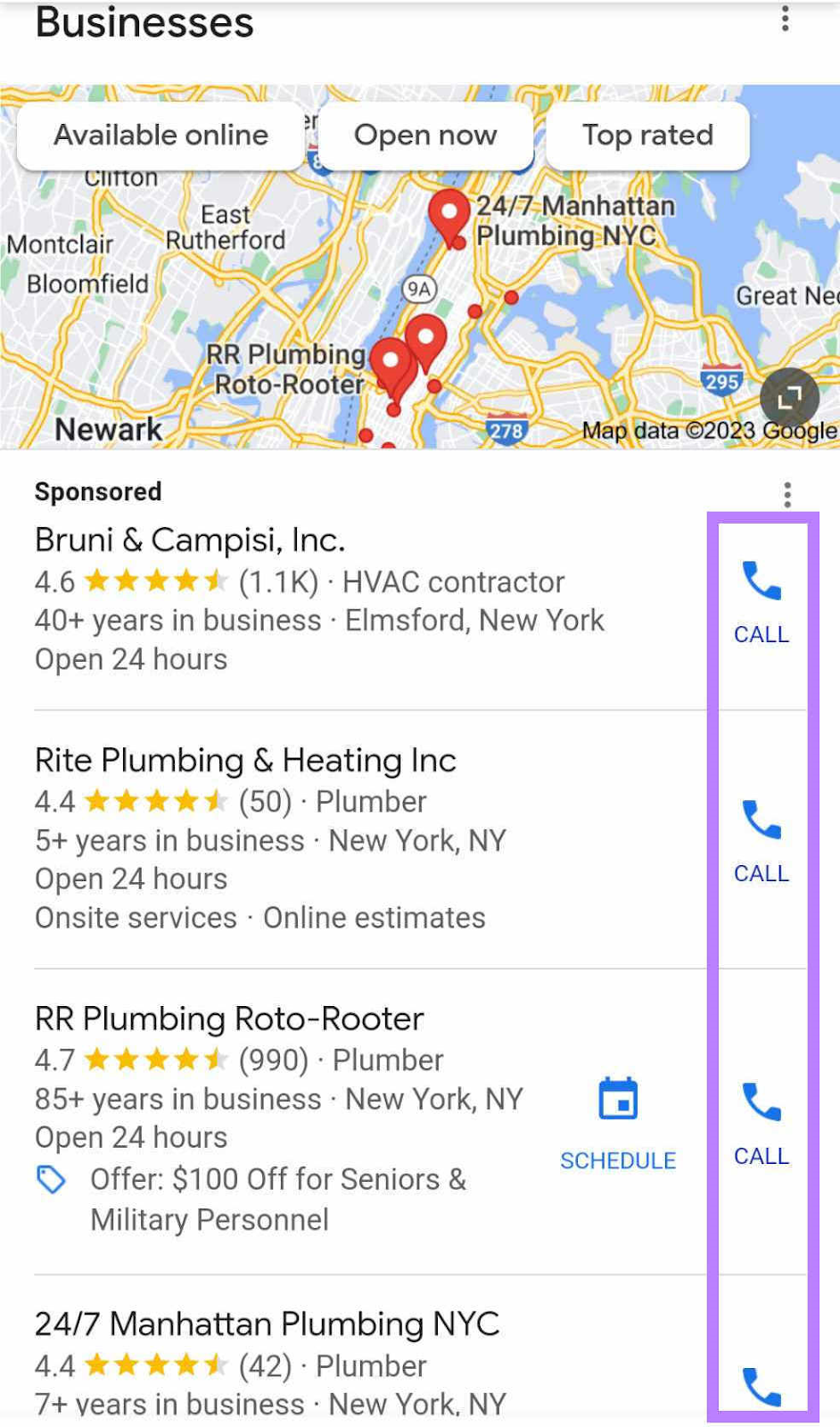 Tap-to-call buttons highlighted next to Google Business Profiles in local pack results