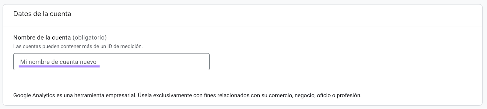 Asigna un nombre a tu cuenta de Google Analytics