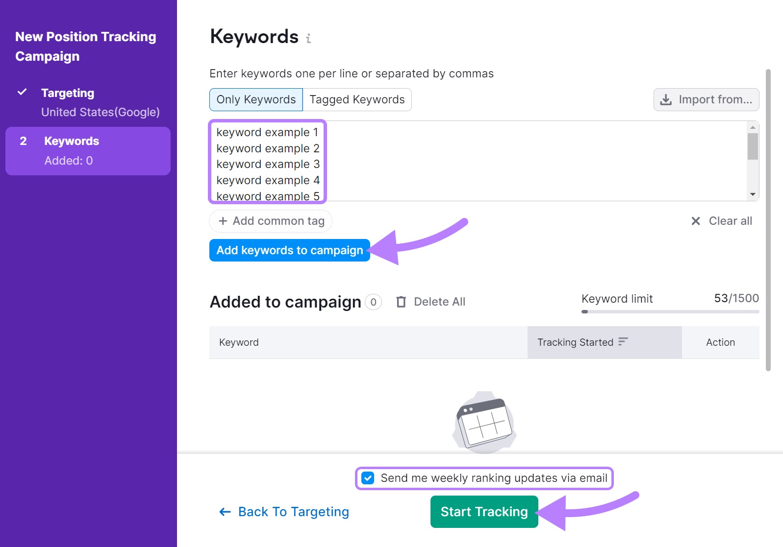 Adding keywords to Position Tracking tool campaign