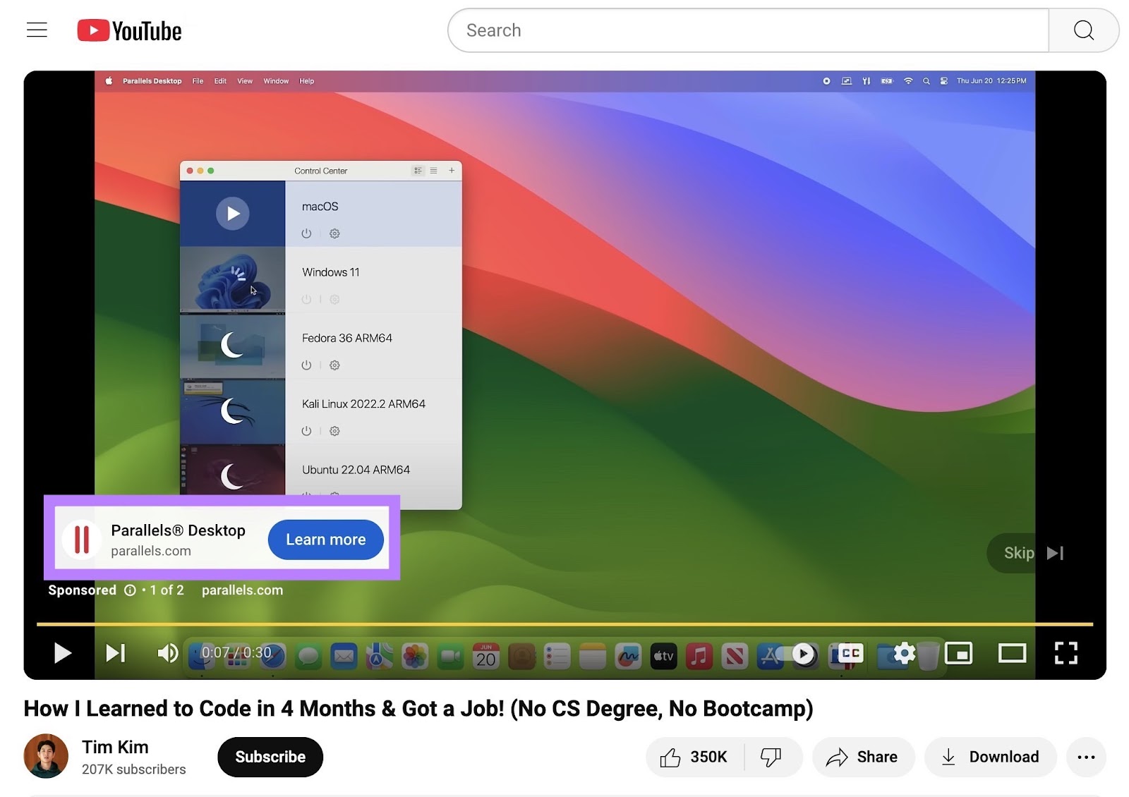 A video ad for a software by Parallels on a YouTube video about learning to code.