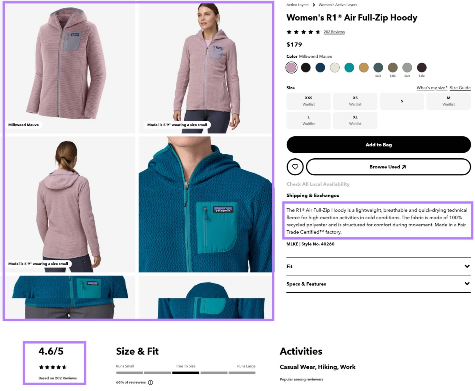 A product page for women's hoody from Patagonia:
