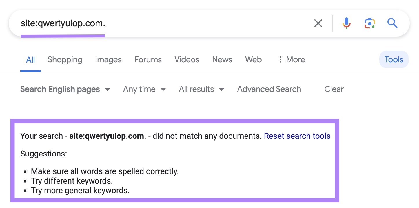 site search for "qwertyuiop.com" not showing any indexed results plus suggestions from Google to modify the search