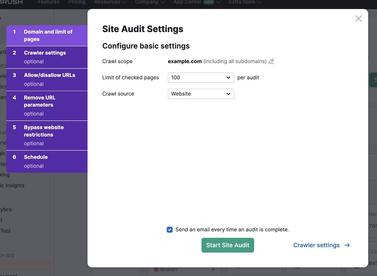 Basic settings page on Site Audit to set crawl scope, source, and limit of checked pages.