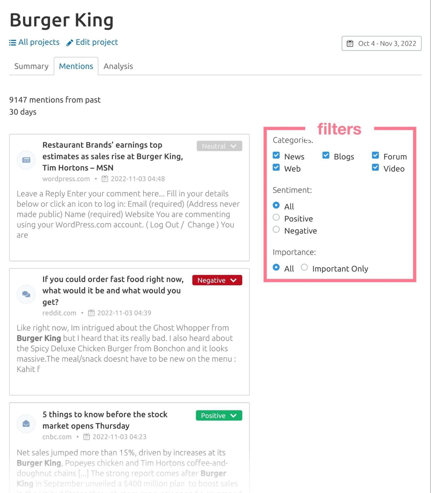 media monitoring tool filters