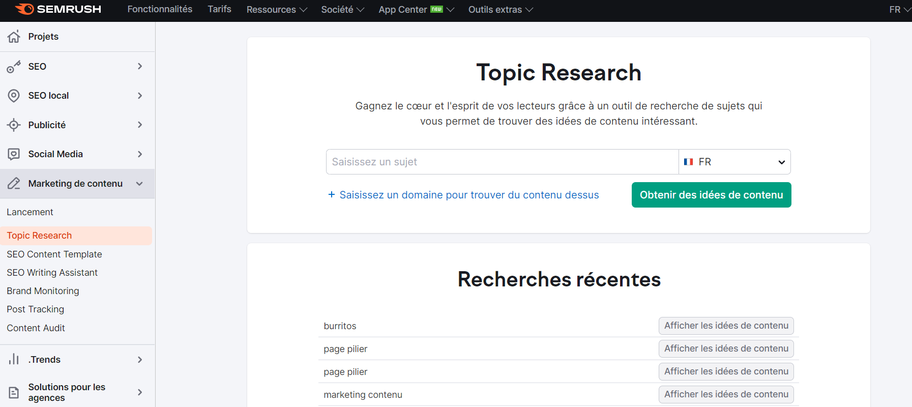 Topic Research de Semrush