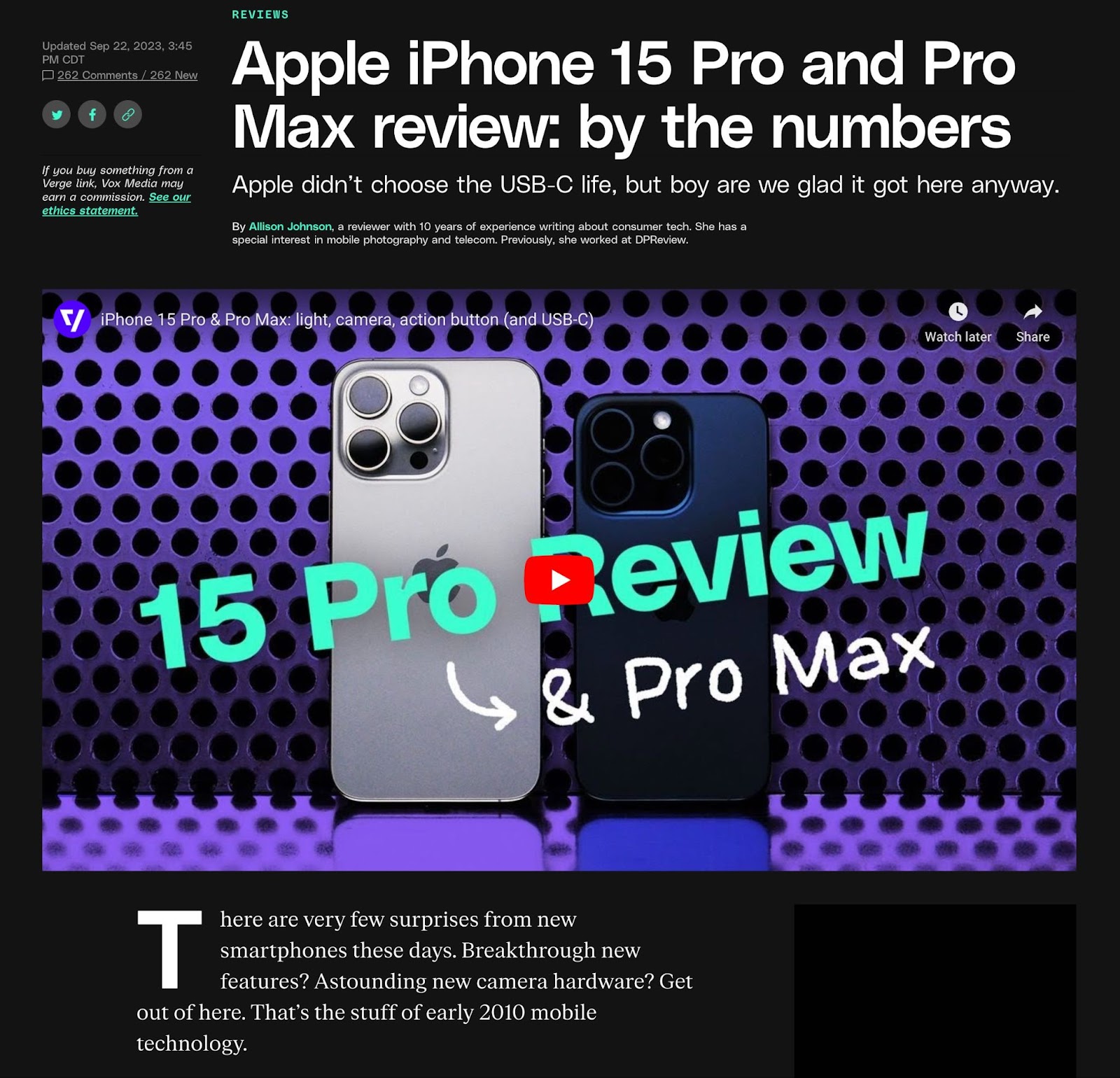 The Verge's review of the new iPhone 15 Pro and Pro Max, with video embedded on the page