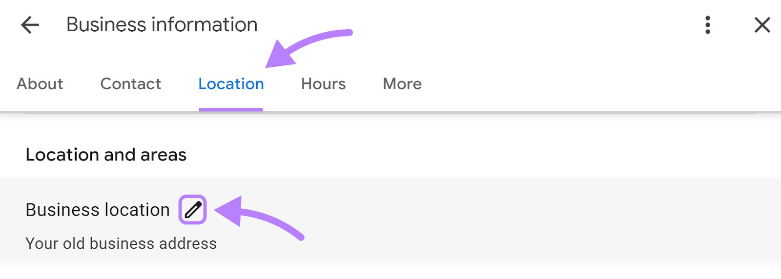 Pencil icon highlighted next to "Business location" field