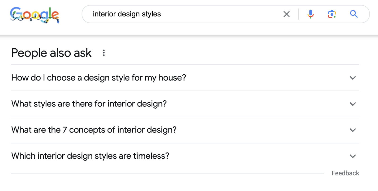 “People also ask” section for "interior design styles" query