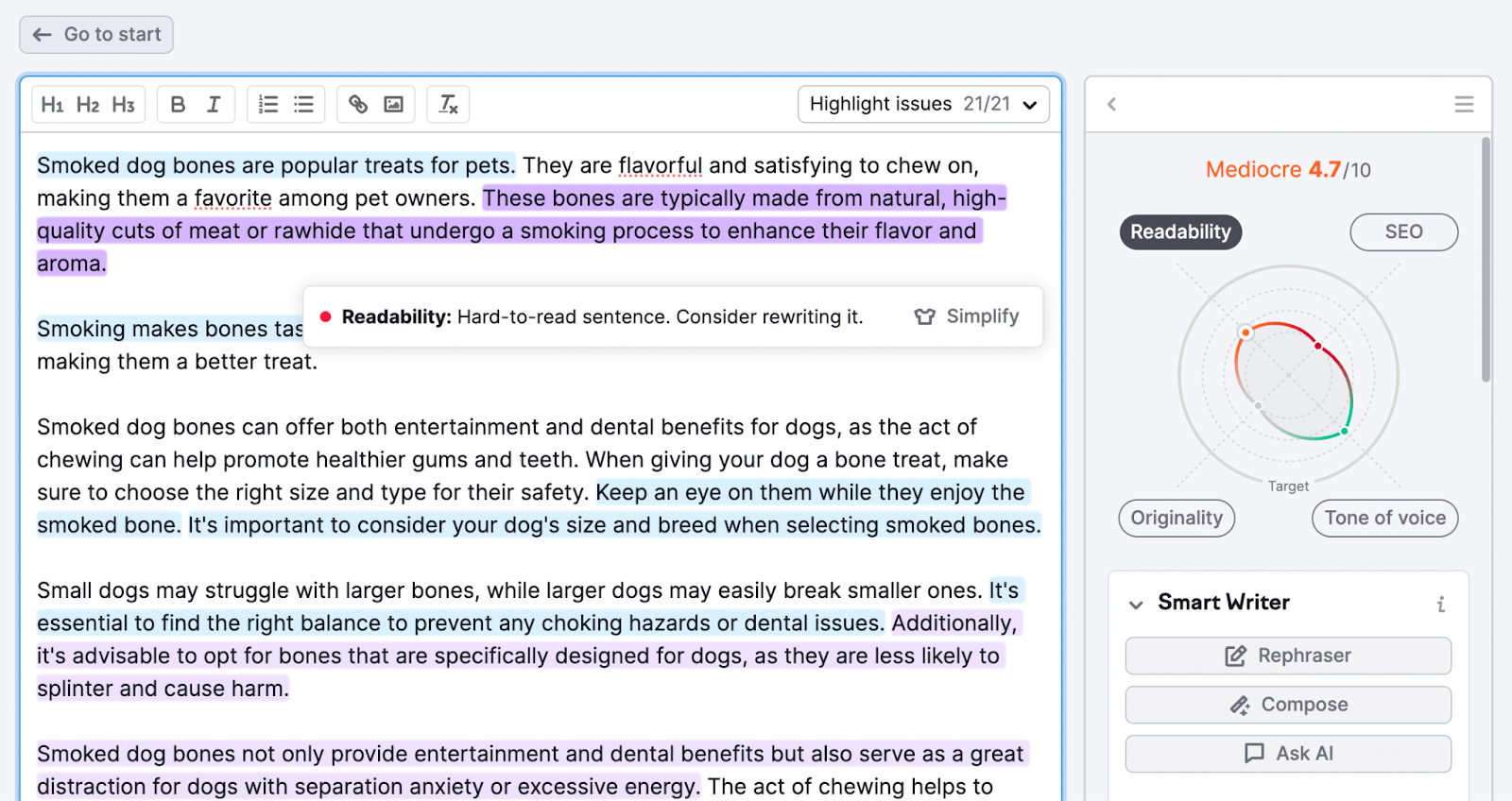 SEO Writing Assistant editor with text on the left-hand side and content score on the right-hand side