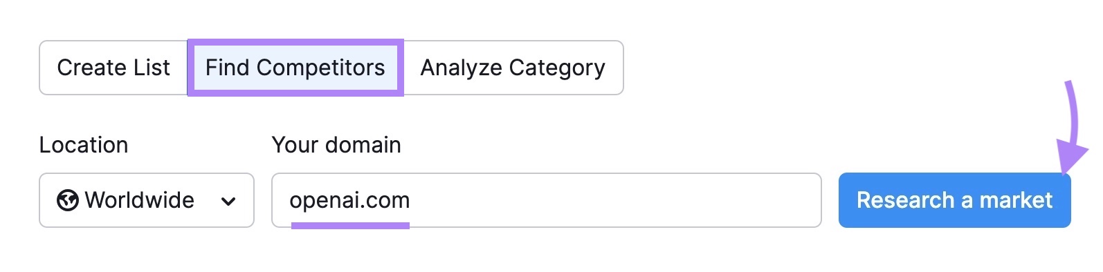 Market Explorer tool-start with the "Find Competitors" tab selected, "openai.com" entered and "Research a market" clicked.