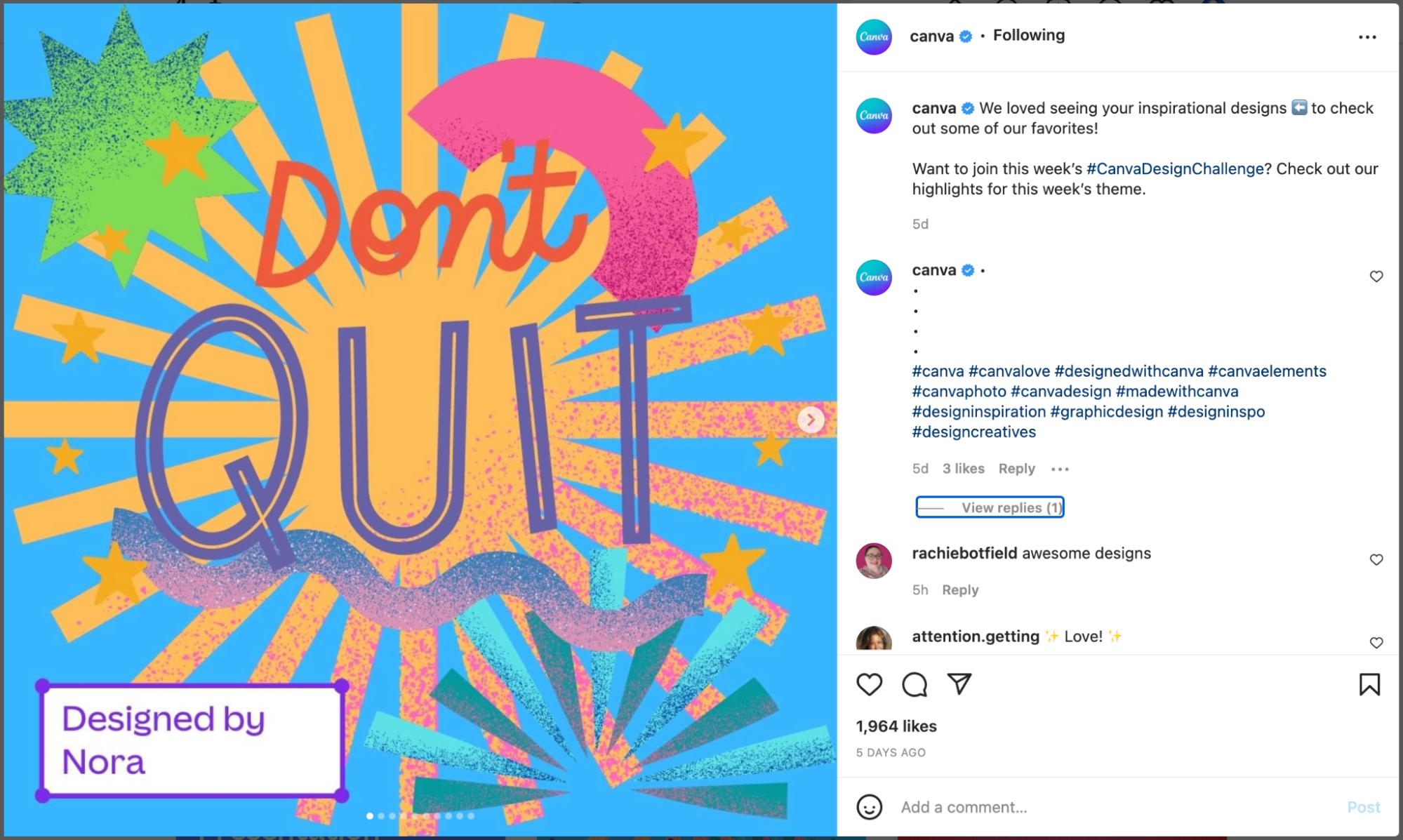 A screenshot of Canva's Instagram shows a user's graphic design featuring the words 