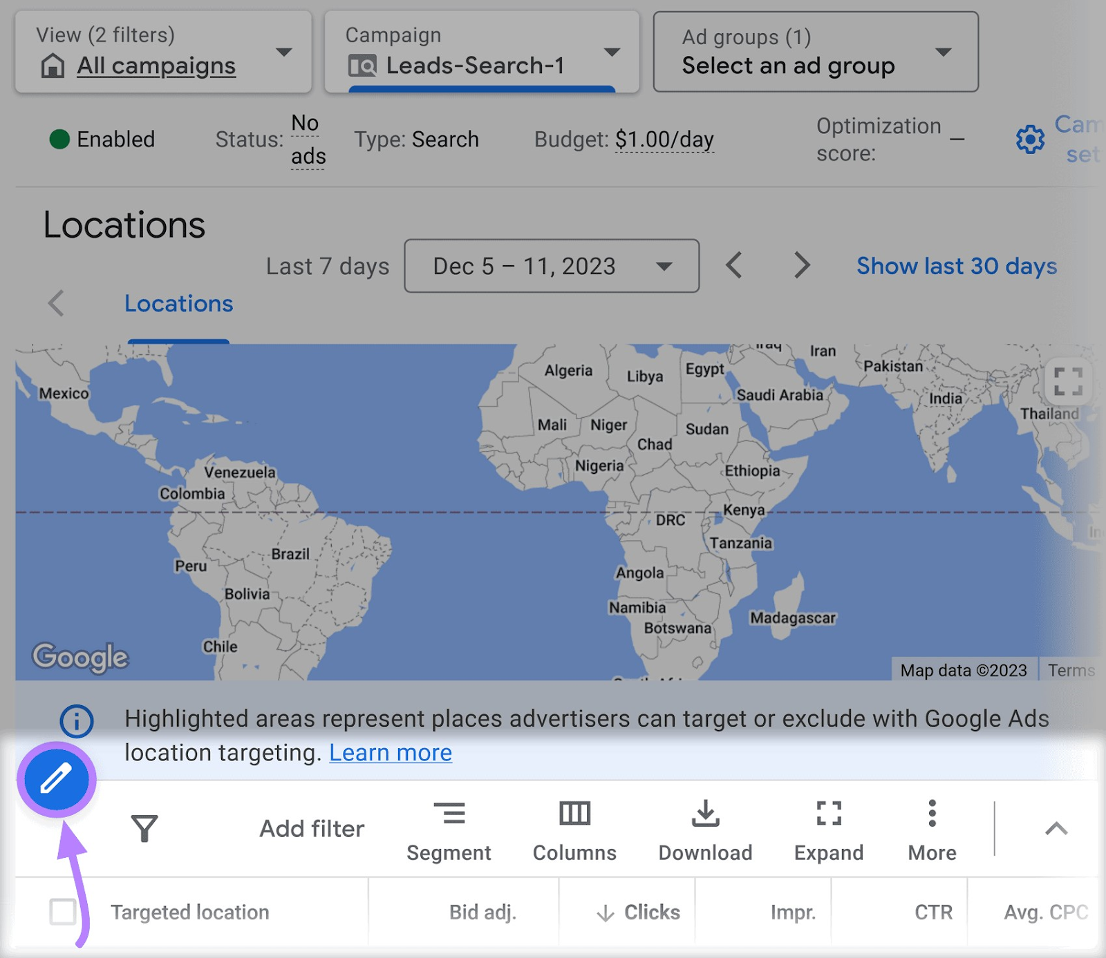 Icono del lápiz resaltado bajo Ubicaciones