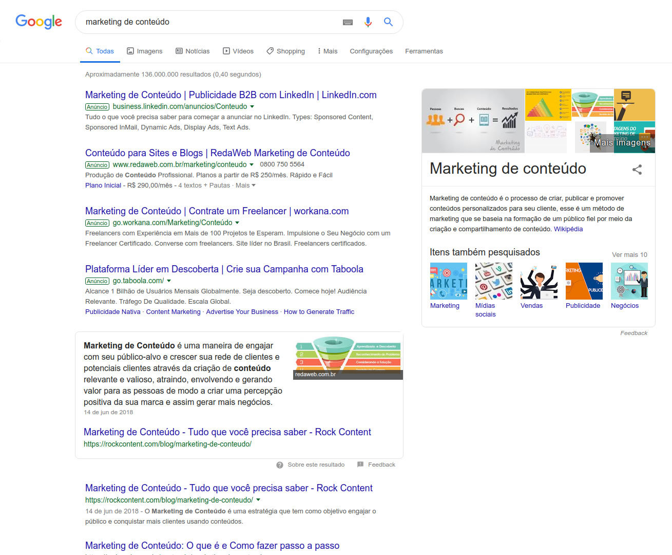 Resultados de busca do Google palavra-chave marketing de conteúdo